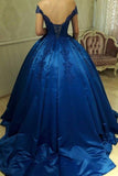 Unique Royal Blue Off Shoulder Lace Sweetheart Appliques Long Ball Gown Prom Dresses JS463