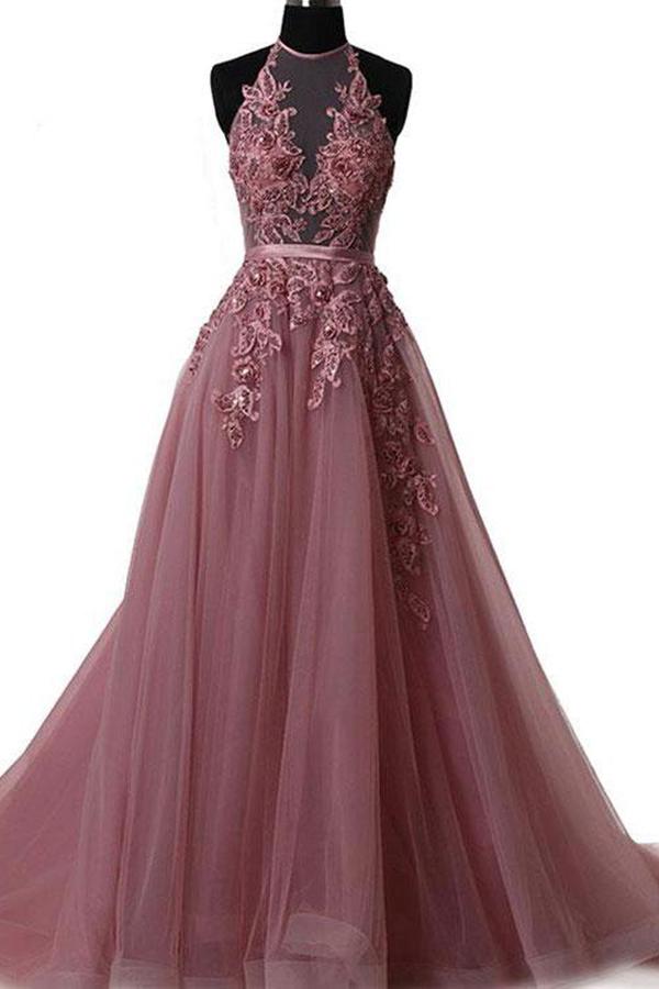 A Line Halter Lace Appliqued See-through Long Beads Lace up Tulle Backless Prom Dresses JS632