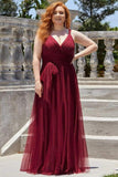 A Line Sleeveless Romantic Tulle V Neck Red Classic Prom Dresses