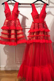 Charming Red V Neck Tulle Long Prom Dress Evening Dress