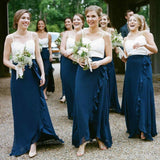 A-Line Spaghetti Straps Dark Blue Chiffon Bridesmaid Dresses With Ruffles Sweetheart JS344