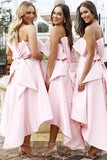 A Line Unique Strapless High Low Pink Satin Bridesmaid Dresses with Bowknot JS14