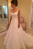Elegant A-line Scoop Sweep Train Sleeveless Wedding Dress with Ivory Appliques