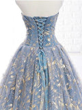 Elegant A Line Blue Tulle Long Strapless Lace up Gold Evening Dress Prom Dresses uk JS223