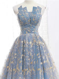 Elegant A Line Blue Tulle Long Strapless Lace up Gold Evening Dress Prom Dresses JS223