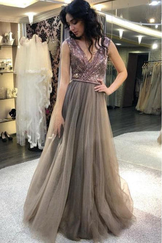 Elegant A Line Gray V Neck Tulle And Sequin Prom Dresses Long Party Dresses JS973