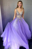 Elegant A Line Grey Long Prom Dress with Silver Appliques Tulle V Neck Party Dresses JS611