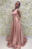 Elegant A Line One Shoulder Long Cheap Pink Prom Dresses Simple Prom Dresses with Pockets P1115
