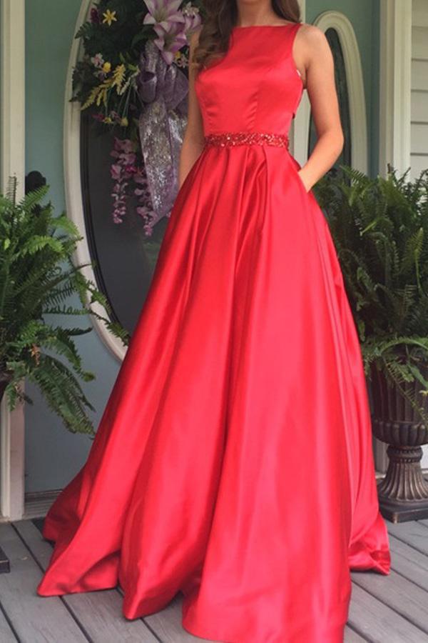 Elegant A Line Red Long Prom Dress Evening Dress with Open Back Pockets PW361