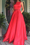 Elegant A Line Red Long Prom Dress Evening Dress with Open Back Pockets JS361