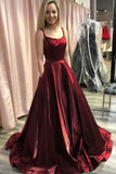 Elegant A Line Spaghetti Straps Backless Burgundy Satin Prom Dresses with Pocket PW980