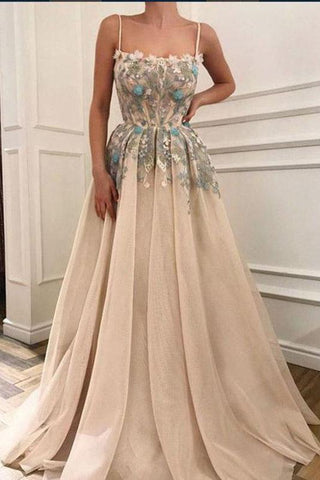 Elegant A Line Spaghetti Straps Sleeveless Appliques Prom Dresses Dance Dresses JS723