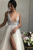 Elegant A Line Tulle Beads Deep V Neck Prom Dresses High Slit Ivory Evening Dresses JS562