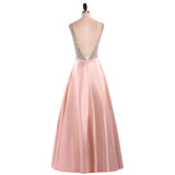 Elegant A Line V Neck Beading Prom Dresses Straps Satin Evening Dresses JS496
