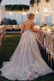 Elegant A Line V Neck Lace Wedding Dresses Backless Chapel Train Tulle Bridal Dresses JS922