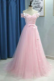 Elegant A line Pink Tulle Prom Dresses with Flowers Off the Shoulder Belt Evening Dress JS749