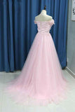 Elegant A line Pink Tulle Prom Dresses with Flowers Off the Shoulder Belt Evening Dress JS749