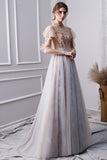 Elegant Beads Tulle Short Sleeve Prom Dresses Pink Long Cheap Evening Dresses P1090