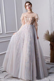 Elegant Beads Tulle Short Sleeve Prom Dresses Pink Long Cheap Evening Dresses P1090