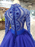 Elegant Blue Tulle Deep V Neck Long Sleeve Beads Ball Gown Prom Dresses with Lace up JS786