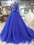 Elegant Blue Tulle Deep V Neck Long Sleeve Beads Ball Gown Prom Dresses with Lace up JS786
