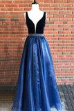 Elegant Deep V Neck Tulle Long Prom Dress With Beading Navy Blue Evening Gowns JS738