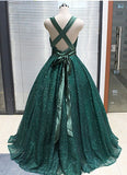 Elegant Green Deep V Neck Criss Cross Prom Dresses Long Sequin Evening Dresses JS572