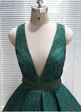 Elegant Green Deep V Neck Criss Cross Prom Dresses Long Sequin Evening Dresses JS572