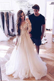 Elegant Illusion Neck Long Sleeves Tulle Wedding Dress with Appliques Bridal Dress JS633