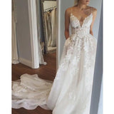 Elegant Ivory Spaghetti Straps Tulle Lace V Neck Wedding Dresses With Pockets JS718