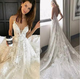 Elegant Ivory Spaghetti Straps Tulle Lace V Neck Wedding Dresses With Pockets JS718
