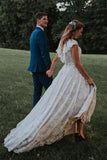 Elegant Lace Cap Sleeve V Back Ivory Beach Wedding Dresses Boho Wedding Gowns W1024