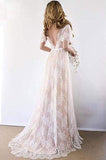 Elegant Lace V Neck Beach Wedding Dresses Short Sleeve Long Backless Wedding Gowns W1075