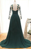 Elegant Long Sleeve Green Chiffon Long Appliqued Prom Dresses Open Back Party Dresses P1069