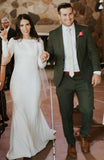 Elegant Long Sleeve Satin Scoop Ivory Wedding Dresses Long Cheap Wedding Gowns W1048