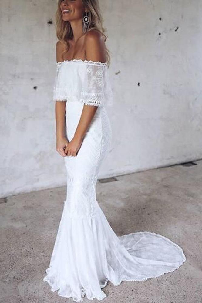 Elegant Mermaid Off the Shoulder Half Sleeve White Lace Beach Wedding Dresses JS779