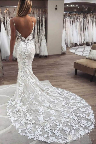 Elegant Mermaid Spaghetti Straps Lace V Neck Ivory Wedding Dresses Bridal Dresses