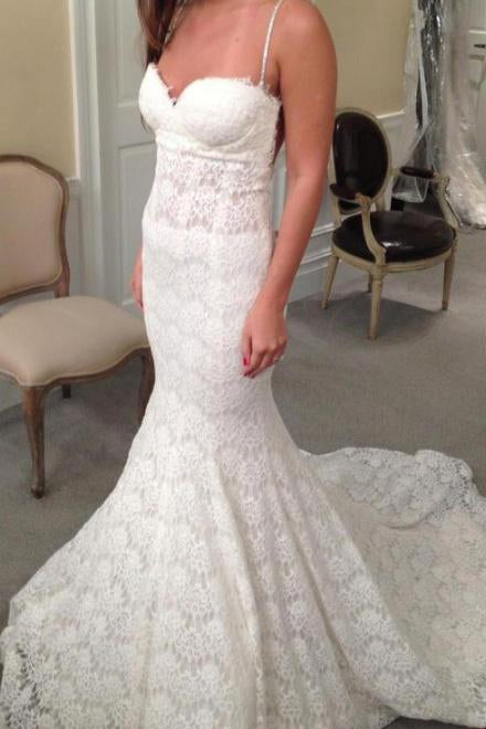 Elegant Mermaid Sweetheart Lace Court Train Wedding Dress with Spaghetti Straps PW422