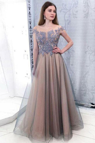 Elegant Off Shoulder Sleeveless Floor Length Lace Prom Dresses with Appliques JS473