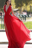 Elegant Red Split V-Neck A-Line Chiffon Sexy Floor-Length Prom Dresses JS506