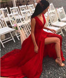 Elegant Red Split V-Neck A-Line Chiffon Sexy Floor-Length Prom Dresses JS506