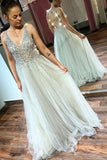 Elegant Rhinestones Bodice Prom Dresses with Tulle V Neck Backless Formal Dresses JS484