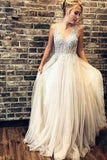 Elegant Rhinestones Bodice Prom Dresses with Tulle V Neck Backless Formal Dresses JS484
