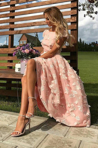 Elegant Scoop A Line Cap Sleeve Pink Homecoming Dresses with Flowers Prom Dresses H1094