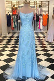 Elegant Spaghetti Straps Sky Blue Mermaid Backless Scoop Pageant Prom Dresses JS93