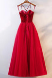 Elegant Spaghetti Straps Tulle Lace up Red Sweetheart Prom Dresses Tulle Formal Dresses P1087