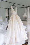 Elegant Straps V Neck Ball Gown Ivory Satin Backless Wedding Dresses with Pockets W1089