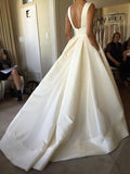 Elegant Straps V Neck Ball Gown Ivory Satin Backless Wedding Dresses with Pockets W1089