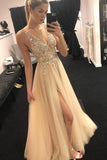 Elegant Tulle Beads Straps Prom Dresses with Split Long Cheap Evening Dresses JS782