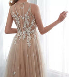 Elegant Tulle Sleeveless Prom Dresses Long Lace Appliques High Neck Evening Gowns JS508